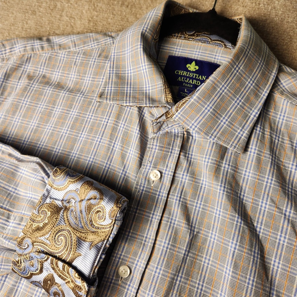 Christian Aujard Button Down Shirt Mens L Blue Orange Plaid Paisley Cuffs